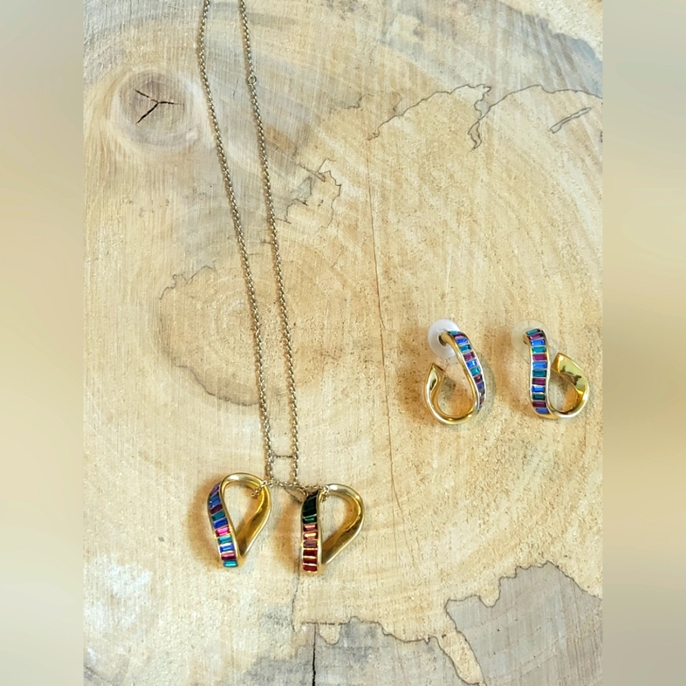 Swarovski Vintage 1990s Swan Logo Crystal Rhinestone Post Earrings With Necklace